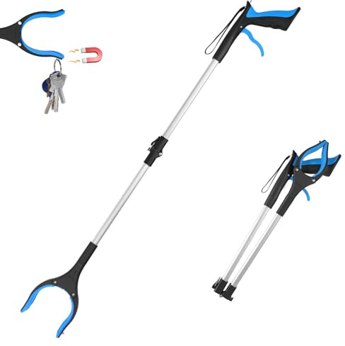 32 (83cm) Foldable Litter Picker,Extra Long Grabber Reacher Stick Tool, Lightweight Rubbish Pick Up,Strong Magnetic Grip, 360° Rotating 4 Wide Claw, Anti-Slip Jaw (BlueSilver, 32 inch)
