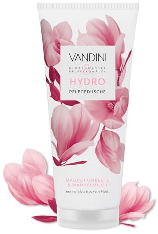 VANDINI HYDRO - Doccia da donna, 200 ml, con fiori di magnolia e latte di mandorle, gel doccia per pelli normali e secche, vegano, senza parabeni e siliconi, dermatologicamente confermato, prodotto in
