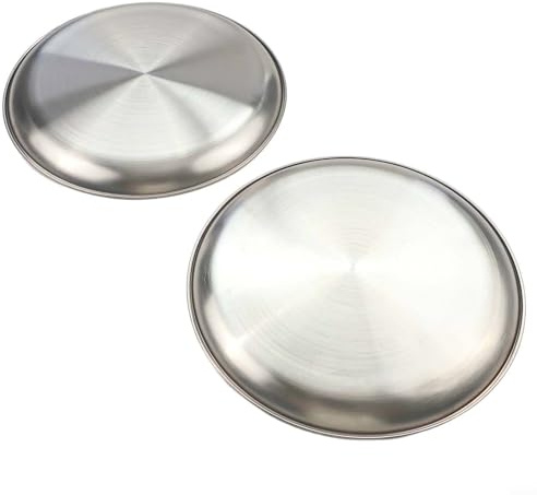 Honseadek Round Steel Camping Plates Set of 2 Durable Stainless Outdoor Tableware for Hiking Picnics Bbq Plus I Dishware Metal Stackable Travel (26x16cm)