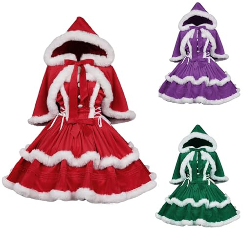 Generisch Juego de vestido de Navidad de Lolita con capucha, disfraz de Navidad vintage para mujer, con abrigo, rojo, morado, verde, para fiesta de invierno, ropa con adorno de piel (verde B, XXL)