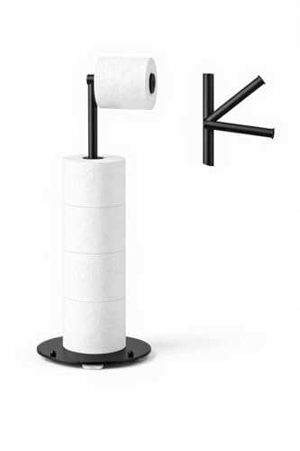Portarrollos Papel higiénico de pie con ventosas | Porta Papel higienico de baño en Acero Inoxidable, Soporte Papel higienico Moderno sin Taladro, Toilet Paper Holder Estable y Elegante (Negro)