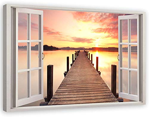Feeby Impression sur toile Fenêtre Coucher de soleil XXL 120 x 80 cm 1 pièce Impression murale Photographie Décoration murale Images modernes pour salon, chambre, bureau, cuisine orange