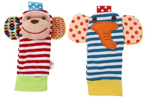 FELTECHELECTR 2 piezas Calcetines Sonajero para Bebés Juguetes de Seguros y Coloridos con Formas Adorables de Elefante y Mono Estímulo Visual y Auditivo para Recién Nacidos Regalo para