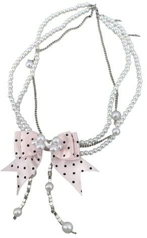ZBIianxer Collier de perles décoratif avec nœud papillon à pois roses, chaîne de clavicule réglable, bijoux légers et élégants, collier de danse folklorique rose à pois