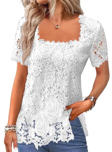 Womens Floral Lace Blouse Square Neck Short Sleeve Crochet Lace Top Loose Flowy Tunic Shirt Mesh Summer Tops Elegant Casual Party Blouses for Women UK