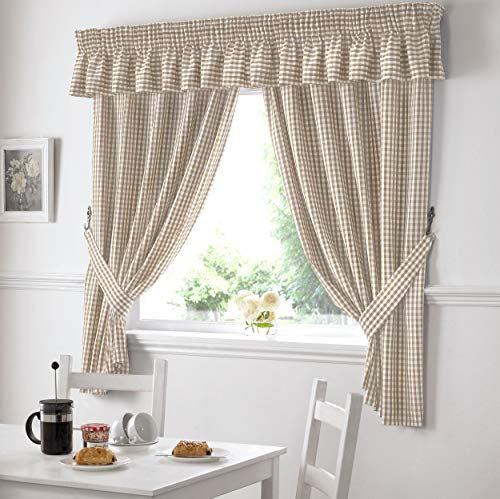 Gingham Check Kitchen Tape Top Curtains - Beige (46 Wide x 42 Drop)