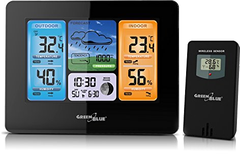 GreenBlue GB526 trådlös väderstation med utomhussensor vädertrendprognos månfasdisplay DCF uppdatering kalender larm