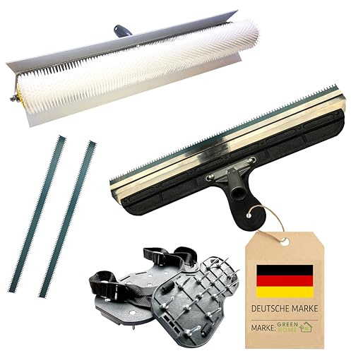 Green Home Rouleau débulleur 50 cm Rouleau à pointes 11 mm avec protection anti- éclaboussures et chaussures en nylon à pointes et raclette crantée revêtement inclus dans un ensemble