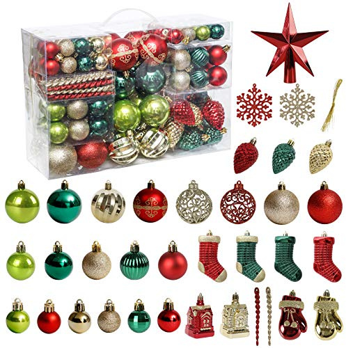 ROSELEAF 132pcs Christmas Tree Decoration Set - Red, Green & Gold Shatterproof Hanging Ornaments - Folk Art Style - Christmas, Wedding, Anniversary