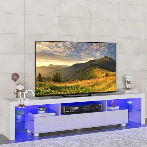Panana Modern White 200CM TV Cabinet for 65 to 80 inch TV With RGB LED Lights High Gloss Door TV Stand Living Room Furniture TV Cabinets (White)