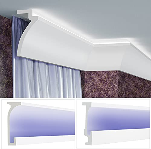 LED Vorhangblende aus PU - Indirekte Beleuchtung mit Stuckleisten, leicht & lichtundurchlässig - (2 Meter KF802) Deckenleisten Stuckprofil Lichtleiste