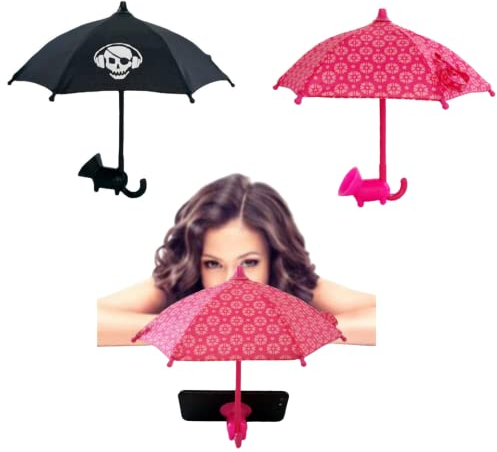 His & Hers Phone Umbrella Set - 2pc Mini Mobile Sun Shade & Desk Holder | Eco-Friendly Silicone & Plastic | Non-Slip | Universal Suction Cup | For Couples | Pink & Black | Beach, Pool, Accessory
