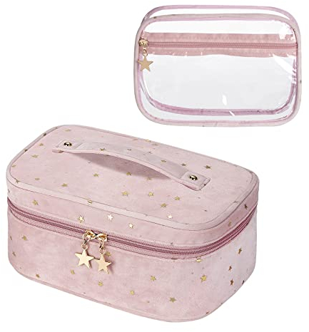 Borsa per il Trucco Velluto Borsa per Cosmetici Portatile Beauty Case Organizzatore con Trasparente Borsa da Toilette per Donne Ragazze Set di 2 (Rosa)