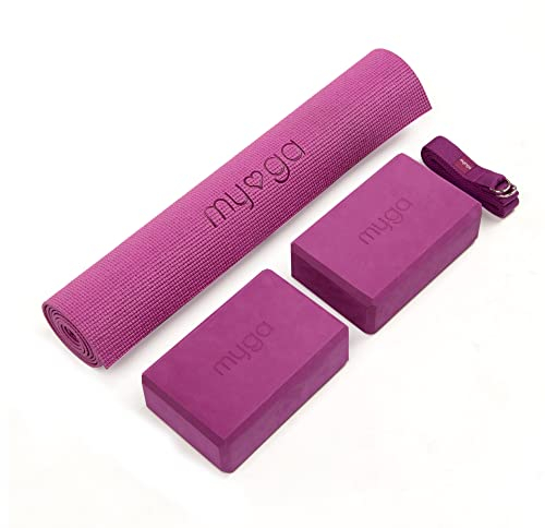 Myga Yoga Starter-Set – Yogamatte, 2 Yoga-Blöcke und Yogagurt – Starter-Set mit Matte, 2 Steinen & Metall-D-Ring-Gürtel für Anfänger in Yoga, Pilates & Fitness (Pflaume)