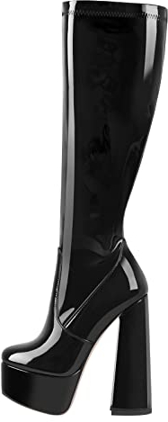 Only maker Damen Plateau Stiefel Langschaft Stretch Stiefel mit Blockabsatz Reißverschluss Knee High Boots Lack Schwarz 46 EU