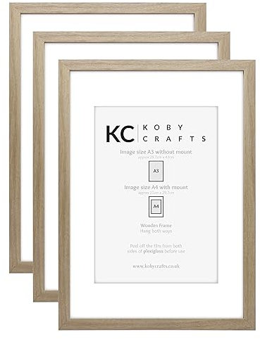 Koby Crafts Pack of 3 Wood Effect Picture Frames for A4 or A3 Images | 3 Pack A3 Wooden Photo Frames | Hang Portrait/Landscape | A3 Posters Certificates with A4 Image Mount