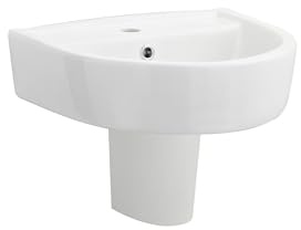 Balterley 420mm Bathroom Sink, Semi Pedestal Ceramic Round Bowl Bathroom Wash Basin Sink with Overflow, 1 Tap Hole, Wall Mounted Basin Sinks for Cloakroom - 420 x 380 x 450mm (White)