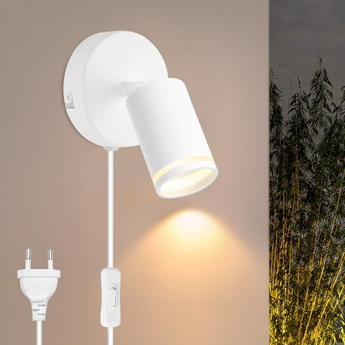 Applique da Parete Interno Moderna, Bianco Applique LED da Parete Orientabile, GU10 Lampada da Parete Interno con Spina Interruttore, Alluminio Lampade da Muro per Camera da Letto Soggiorno