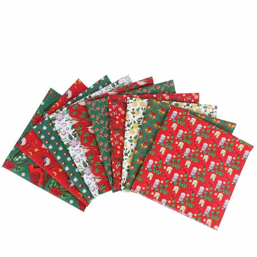 Tessuto Patchwork Natalizio da 10 Pezzi - Tessuto in Cotone Natalizio per Quilting, Artigianato Fai-da-Te E Artigianato | Tessuti Patchwork Festivi per Decorazioni Natalizie, Pacchetti di Tessuti per