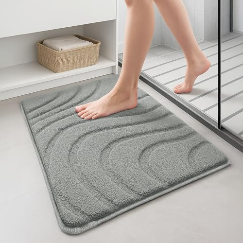 VOUNOT® Alfombra de Baño Antideslizante 60 x 110 cm, Alfombrilla Súper Absorbente y Extra Gruesa de Microfibra con Relieve Ondulado Lavable a Máquina, Suave y Acolchada, Gris