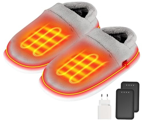 Beheizbare Hausschuhe Damen & Herren – Elektrischer Fußwärmer, Beheizte Hausschuhe mit 2 x 4000mAh Akku und Verbesserter Heiztechnologie für Zuhause & Büro