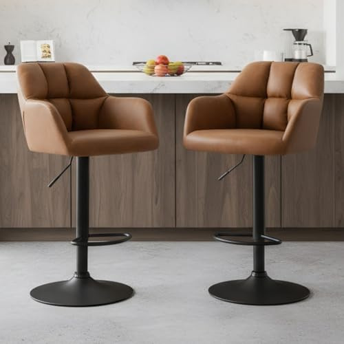 Ya-Home Lot de 2 Tabourets de Bar Pivotants en Cuir PU avec Dossier Chaise de Bar Réglable Moderne, Chaises Hautes Cuisine pour îlot de Cuisine/Bar, Marron