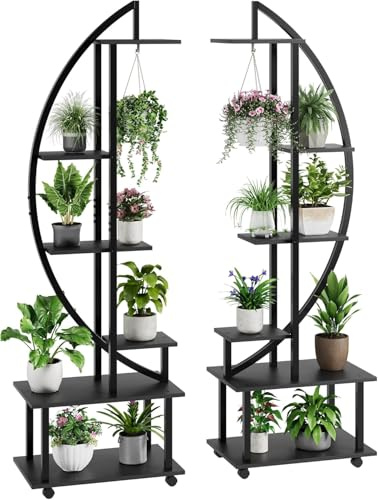 Salutmeuble Grand Support pour Plantes d'intérieur,175cm,6 Niveaux,2pcs étagère en Métal en Forme de Demi-lune avec Roues, Crochets, Support pour Plantes Haut pour Maison,Jardin, Noir