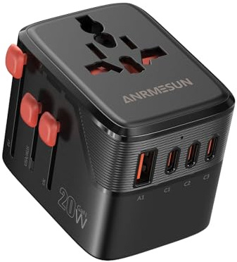 Universell reseadapter, internationell adapter med 3 USB-A och 1 USB-C, PD 20W GAN snabbladdning, kompatibel med USA, UK, Australien, Japan, Thailand, Italien och 224+ länder