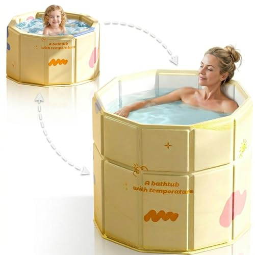 Foldable Edge Portable Bathtub, Collapsible Cold Plunge Tub for Recovery, 2-in-1 Ice Bath & Hot SPA, Easy Step-In for Senior/Child/Pet Wash, Adjust Edge Versatile Tub Fits in Shower (Yellow, 80x70 CM)