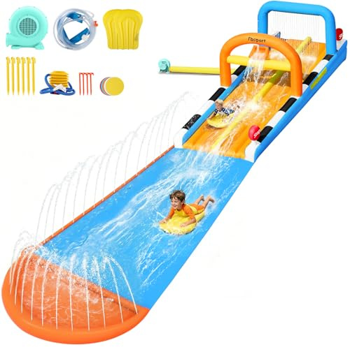 FBSPORT 10M Castillo Hinchable para Niños, Tobogán Acuático de 2 Carriles, Parque Acuático Hinchable para Jardín con Aspersores y 2 Tablas, Juguete de Verano Infantil