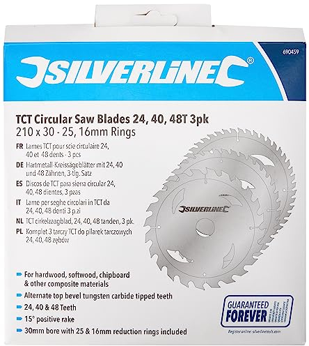Silverline 690459 TCT Circular Saw Blades 24, 40, 48T 3pk 210 x 30 - 25, 16 mm Rings