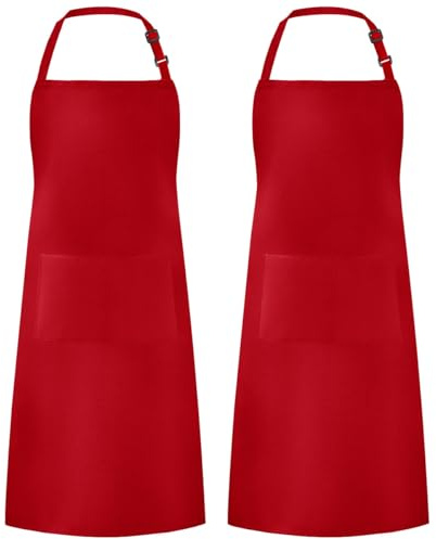 Syntus 2 Pack Adjustable Bib Apron Waterdrop Resistant with 2 Pockets Cooking Kitchen Aprons for BBQ Drawing, Women Men Chef, Red