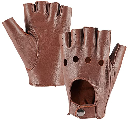 MGGMOKAY Mens Fingerless Leather Driving Gloves Half Finger Sheepskin Unlined Gloves Punk,Saddle,L