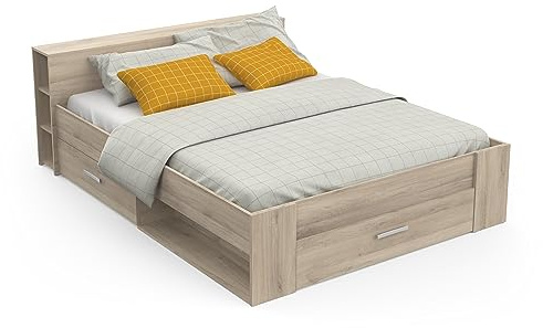 Lit 160x200 avec Rangement Style Contemporain 3 Tiroirs – Coloris Chêne - 169,1 x 226,9 x 74,3 cm