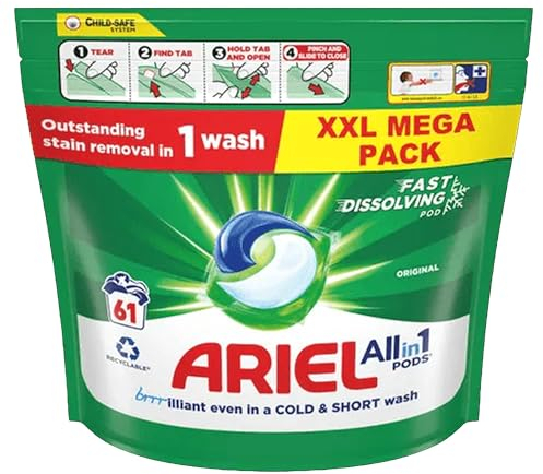 Ariel All-in-1 PODS®, Waschflüssigkeit Waschmittel Kapseln 61 Waschgänge, Original, hervorragende Fleckenentfernung in 1 Waschgang, brrrilliant in kalt & kurz