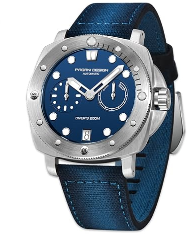 Pagani Design 1767 Herren-Automatikuhr synthetischer Saphir Edelstahlgehäuse 20 bar wasserdichtes Lederarmband lässige Herrenuhr (Silber und Blau)