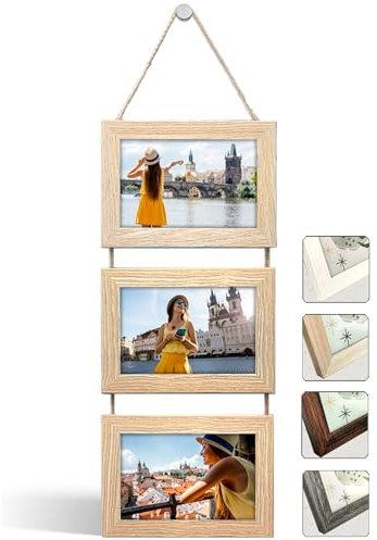 NEOWS Set Cornici Foto Multiple da Parete con Corda - Portafoto Multiplo Decorativo con Cornici in Legno - Collage Foto da Appendere al Muro- Cornici 10x15 cm (Rovere Naturale, 3 Foto Orizzontale)