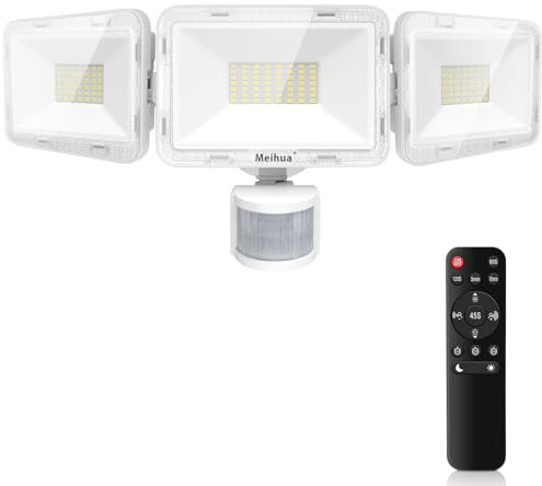 MEIHUA 70W Security Lights Outdoor Motion Sensor, 6580LM PIR Floodlight 4 Modes with Remote Control, IP66 6500K Motion Sensor Lights Outdoor with 3 Adjustable Heads for Garden, Yard, Patio, Garage
