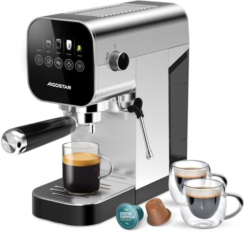 Aigostar 20Bar Espresso Coffee Machine for Capsule & Ground Coffee, Cappuccino & Latte Maker with Milk Frother Wand, Stainless Steel Professional Espresso Maker, Touch Panel, Removable Tank - Barista