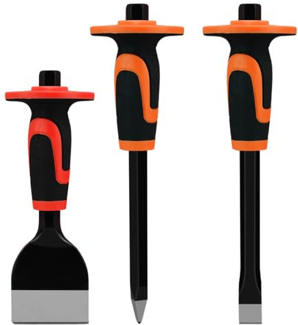 Burin de Maçon Professionnel 3 Pièces - Ensemble Ciseaux à Béton avec Poignée Bi-Matière (300mm/250mm) - Protection Main pour Briques/Pierre