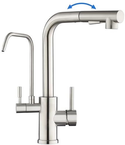 ROVOGO 3 Way Kitchen Mixer Tap with Water Filter & Pull Out Spray, Monobloc Dual Lever Mixer Sink Tap, High Arc Brushed Stainless Steel Kitchen Faucet 360° Swivel, L-Spout