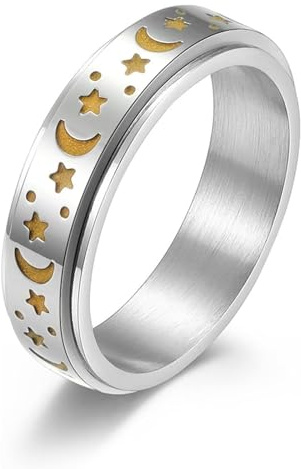 GAUEIOUR Stainless Steel Spinner Rings Moon and Star Fidget Stress Relieving Anxiety Rotate Ring,The Moon and Stars Accompanied By The Rotation Ring, Relieve Stress and Anxiety, Men and Women