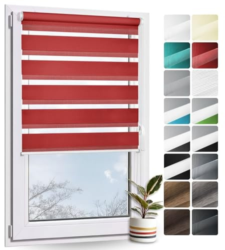 Rollmayer Doppelrollo Klemmfix ohne Bohren Klemmrollo Fensterrollo (Rot 90 x 130 cm BxH) Duo Rollo Sonnenschutzrollo Zebrarollo Seitenzugrollo für Fenster und Tür