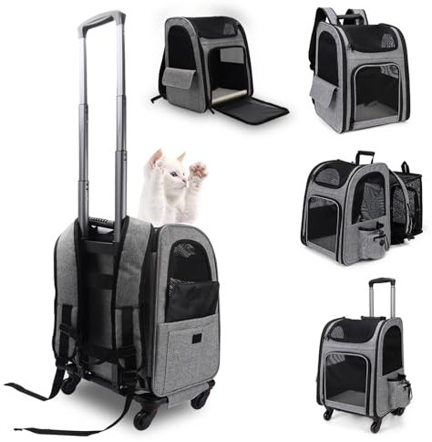 Trolley Stil Erweiterbar Katzenrucksack, Transportbox Katze mit Rädern 360° Drehbar Atmungsaktives Mesh Hunderucksack Katzenrucksack mit Trolley für kleine Hunde und Katzen bis 15 KG
