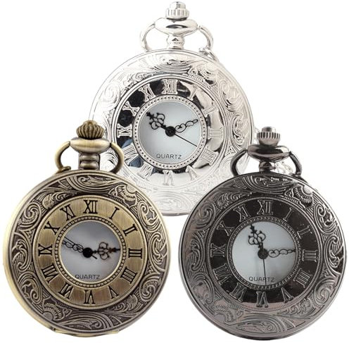 GOMETY Taschenuhr, 3 Stück Vintage Taschenuhr mit Kette, Retro Quarz Taschenuhr Arabisch Ziffern Quarz Taschenuhr für Männer Frauen Vater Opa Geburtstag Jahrestag