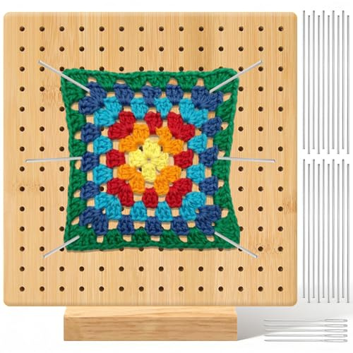 Planche Blocage Crochet Bambou Bois 20 cm, Kit Accessoires Projets Crochet pour Tricot Fabriqué Main, Bloqueur Carrée avec 20 Tiges Acier Inoxydable, 5 Aiguilles Acier Grand Œil et 1 Support Base