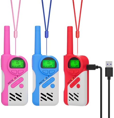 Retevis EZTalk 670 Talkie Walkie Rechargeable 3 Pièces, Talkie Walkie Enfants en Mode Sécurisé, LED Lampe, VOX, Rechargeable Toki Walki, Cadeau Jouets Enfant 6-13 Ans pour Camping, Randonneé