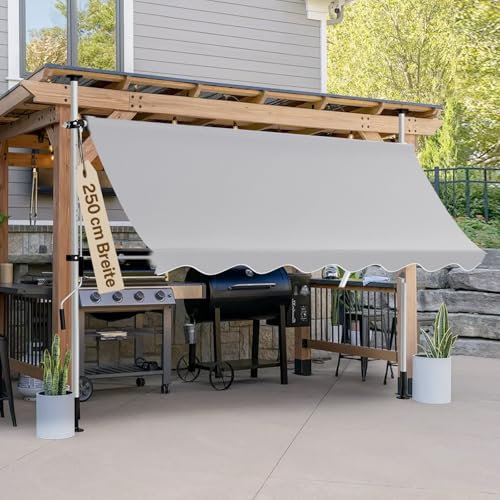 arvioo Klemmmarkise Sonnenschutz, Dein Flexibler Schattenspender, Markise Balkon ohne Bohren 300 cm Breit, Markise Balkon Höhenverstellbar & Winkelverstellbar & UV-beständig & Wetterfest (Grau)