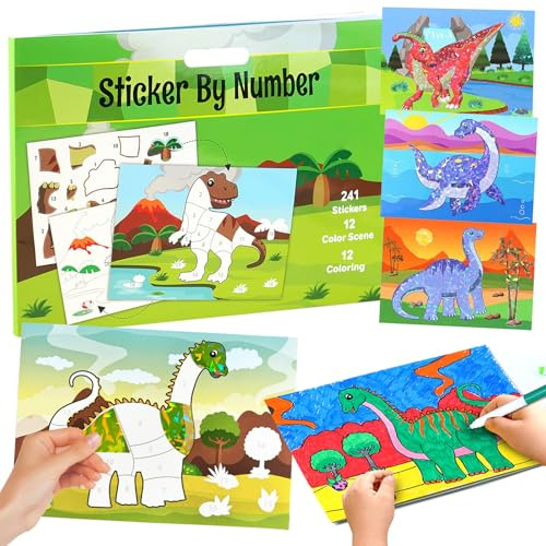 Giugio Livre d'autocollants dinosaure pour enfants de 4 à 10 ans, autocollants par numéro, 36 images par numéro, livres d'autocollants pour enfants pour améliorer l'intelligence, l'école