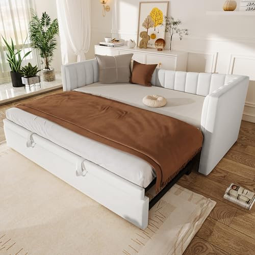 Generisk multifunktionell sammetssbäddsoffa 90/180 x 200 cm | Fällsäng med utdragbar gästsäng | Utrymmesbesparande design för små rum | vit/rosa (utan madrass)